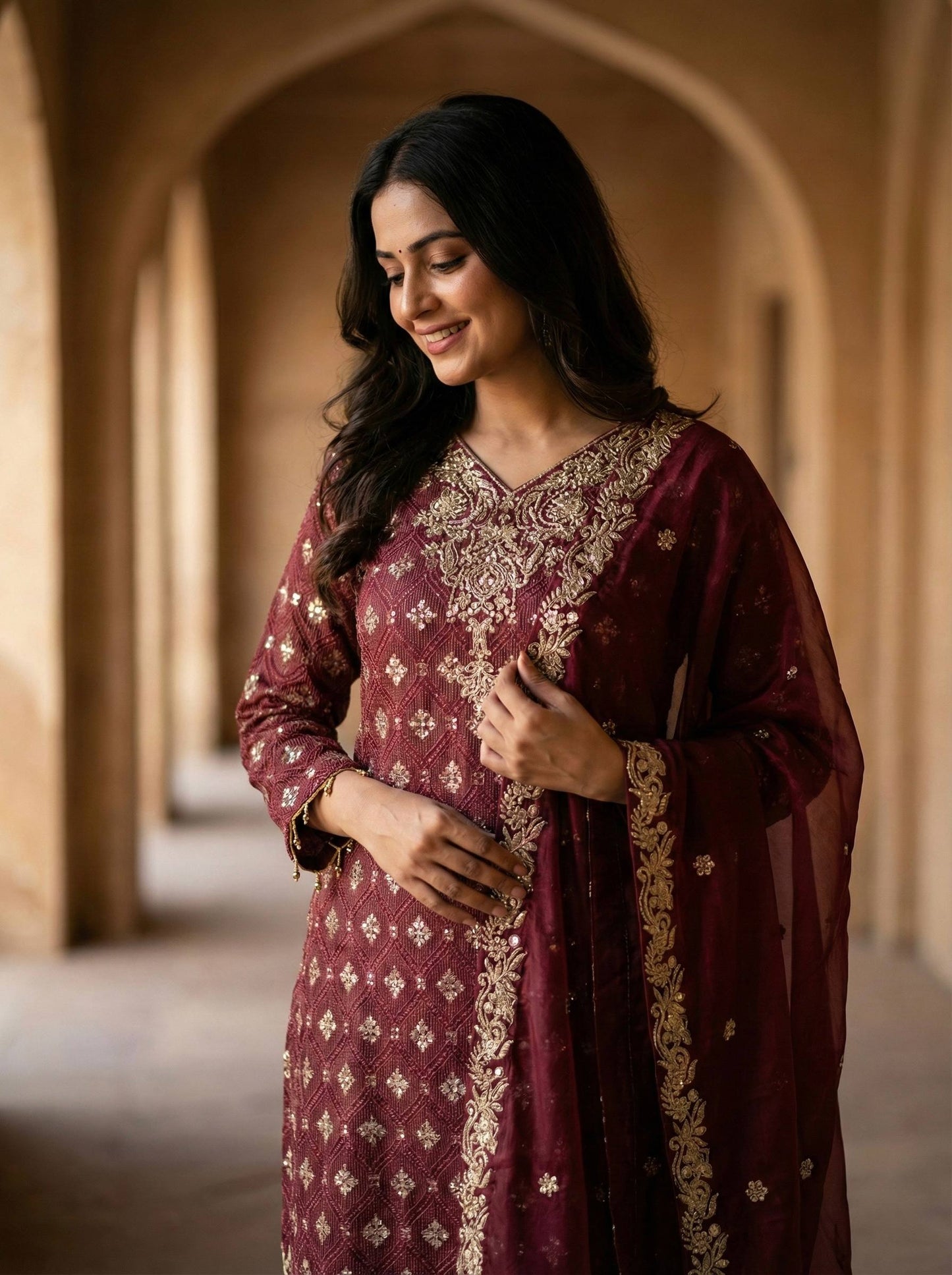 Red gmy silk with embroidery sequence work top-pant and dupatta