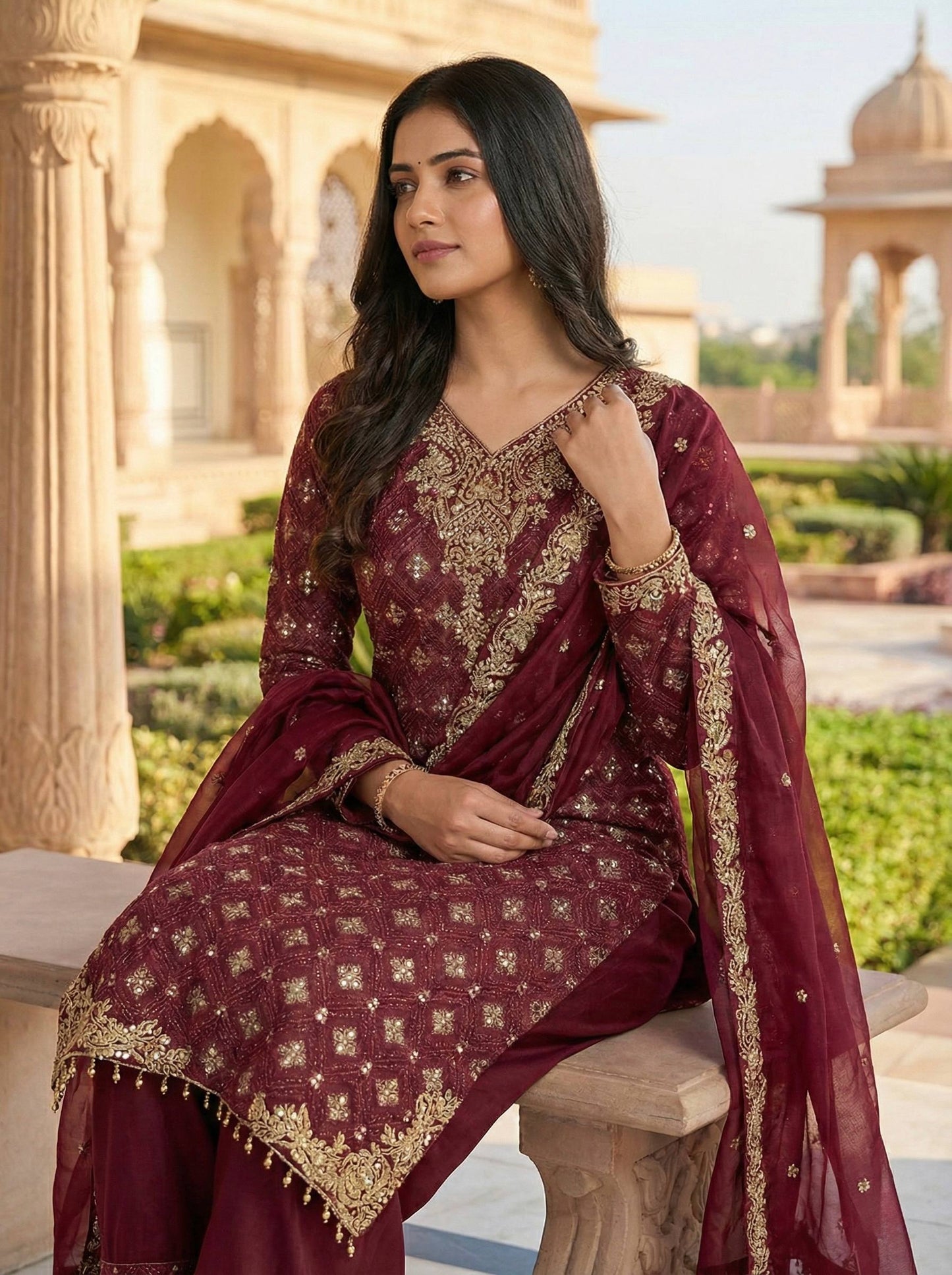 Red gmy silk with embroidery sequence work top-pant and dupatta