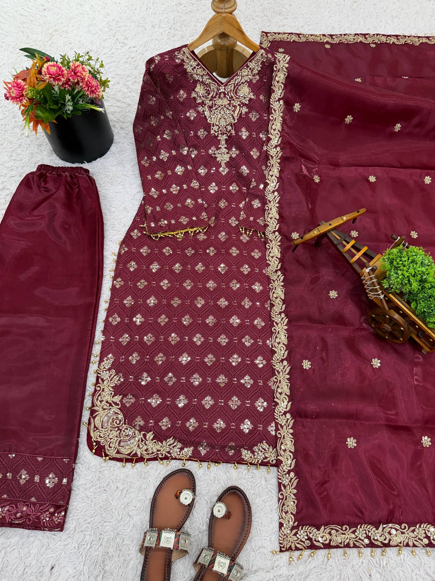 Red gmy silk with embroidery sequence work top-pant and dupatta
