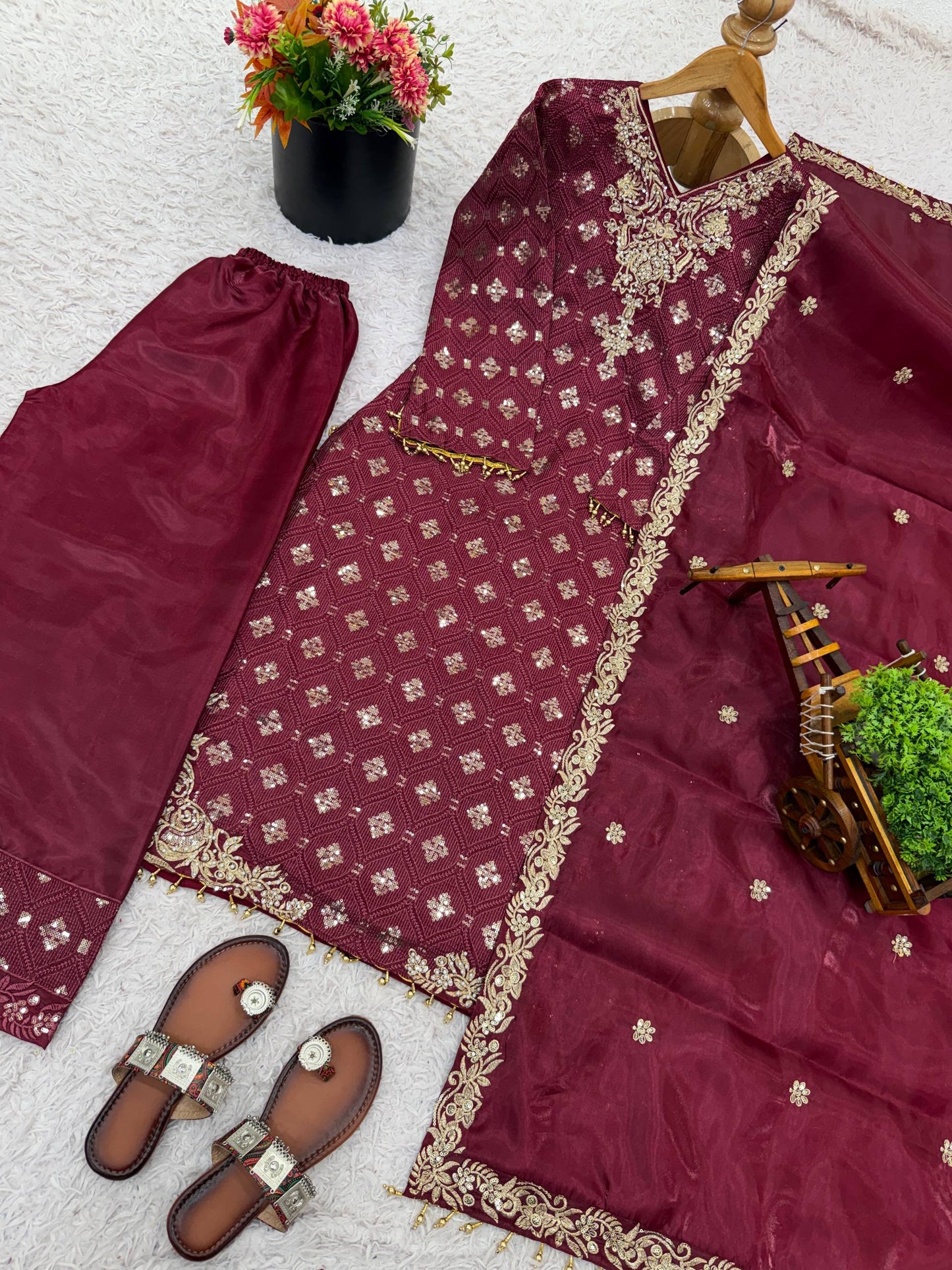 Red gmy silk with embroidery sequence work top-pant and dupatta