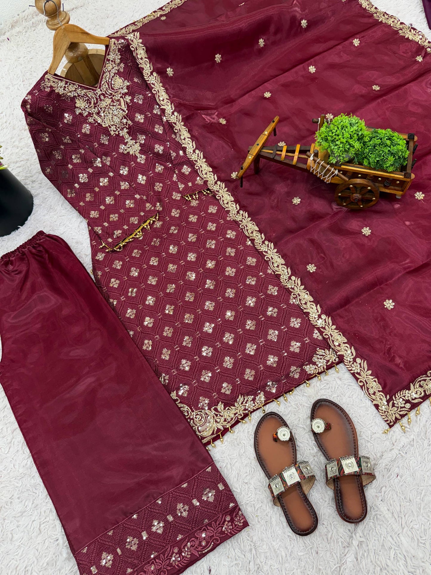 Red gmy silk with embroidery sequence work top-pant and dupatta