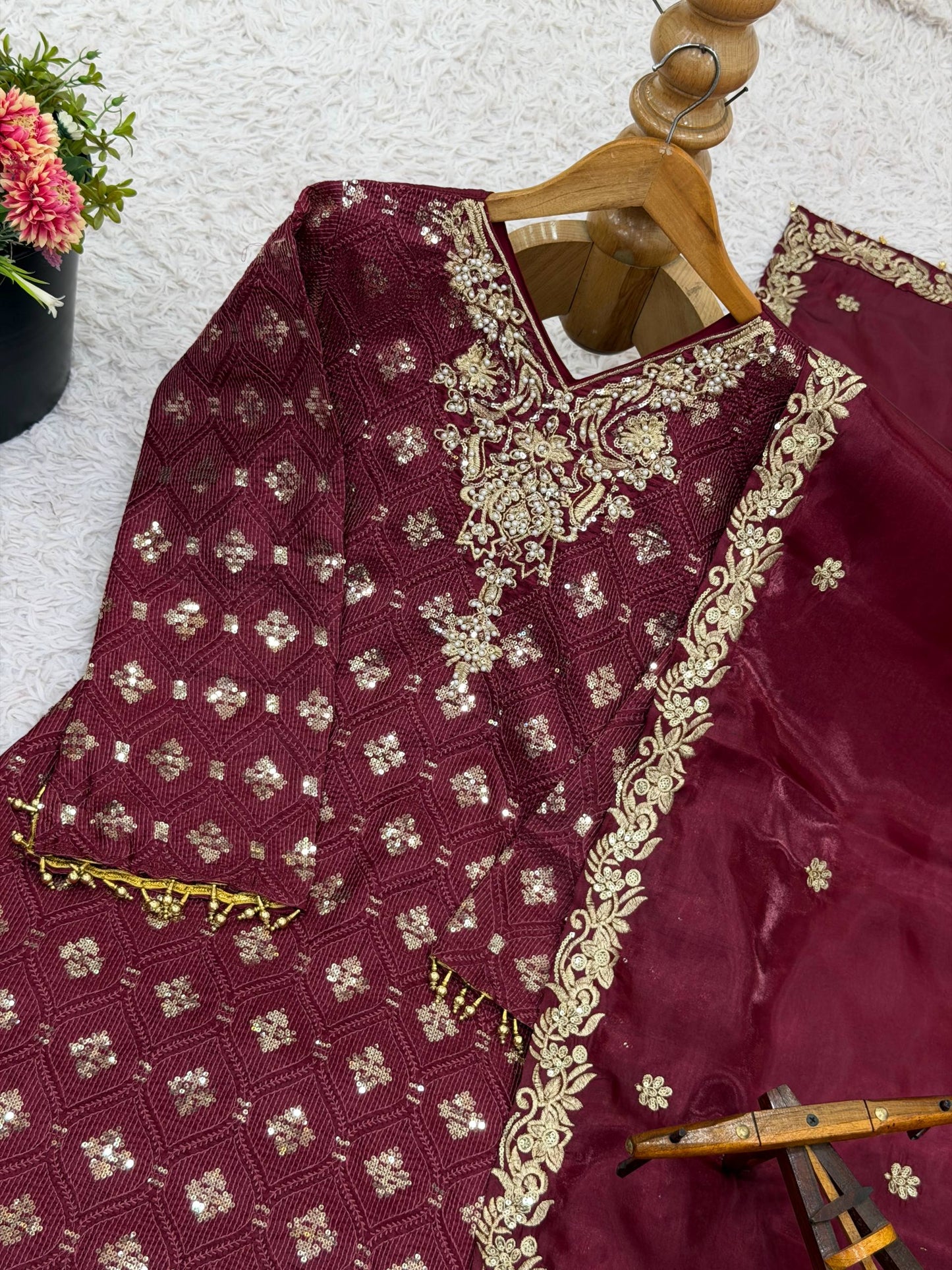 Red gmy silk with embroidery sequence work top-pant and dupatta