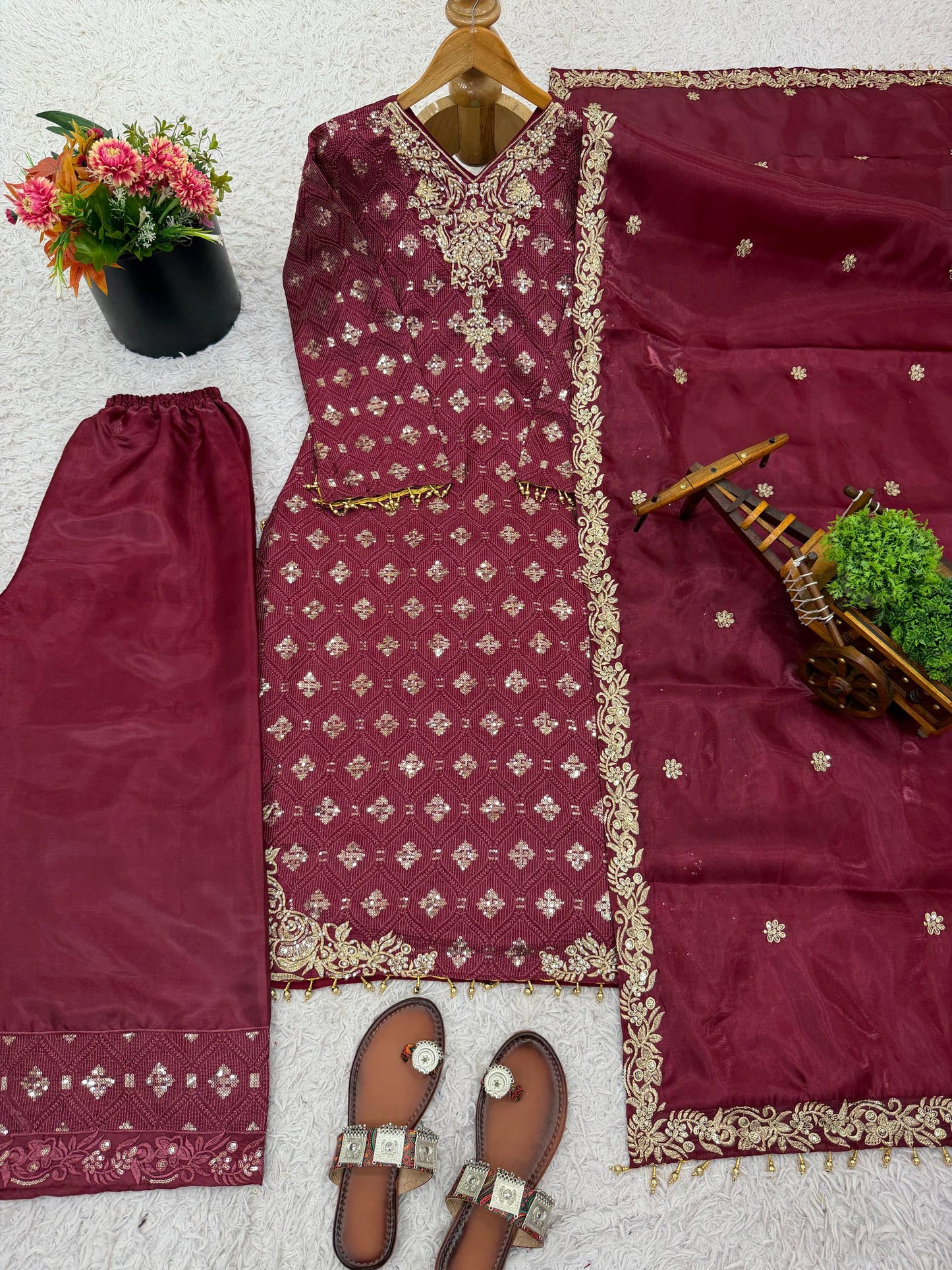 Red gmy silk with embroidery sequence work top-pant and dupatta