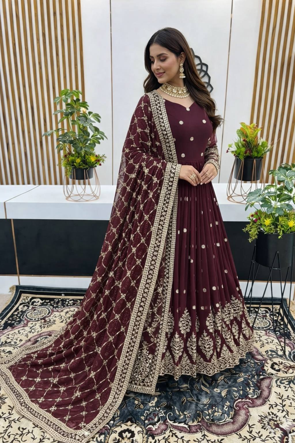 Maroon faux georgette embroidery sequence work gown-bottom dupatta set