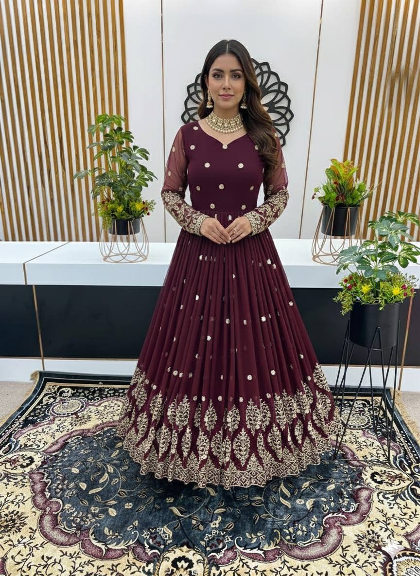 Maroon faux georgette embroidery sequence work gown-bottom dupatta set