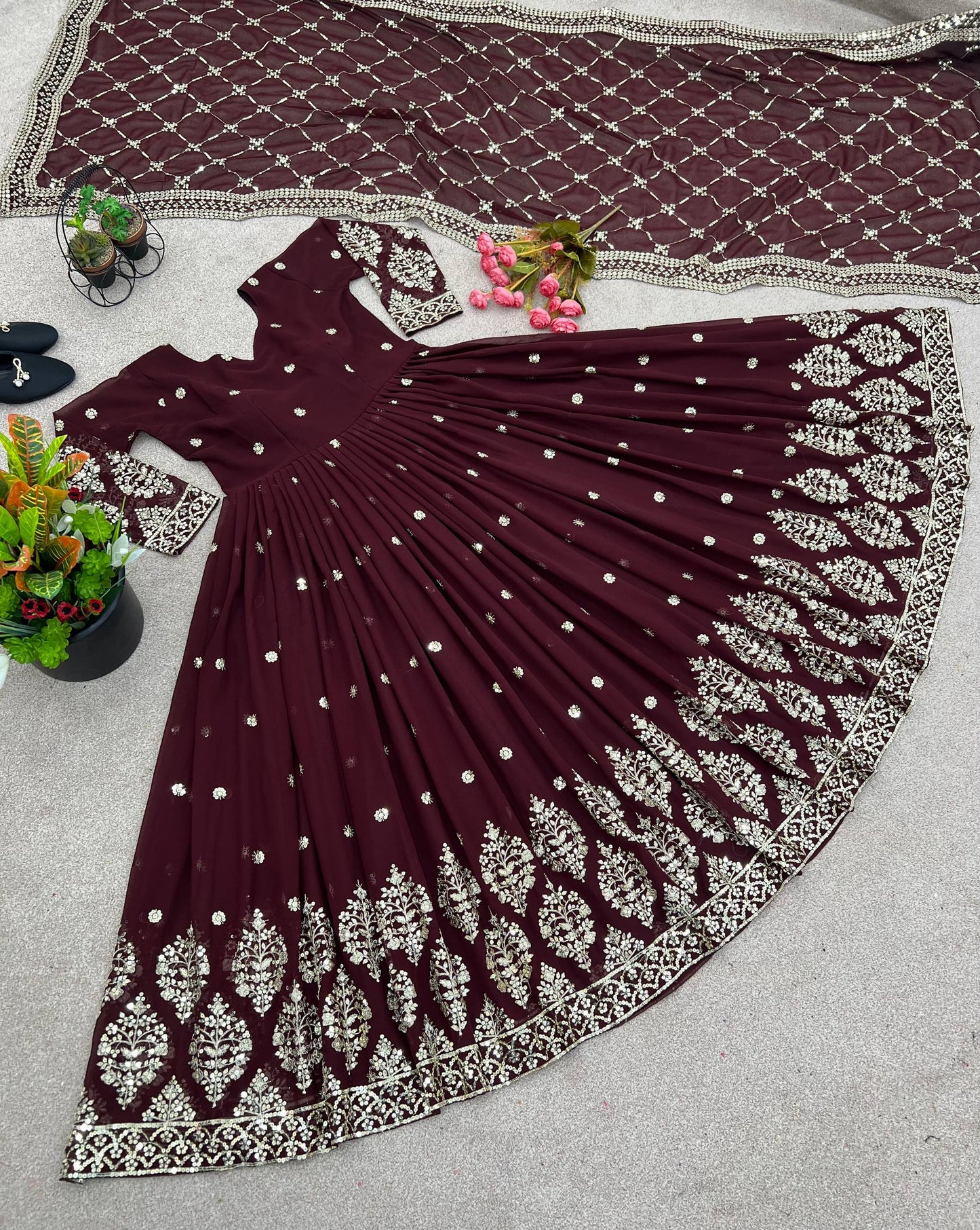Maroon faux georgette embroidery sequence work gown-bottom dupatta set