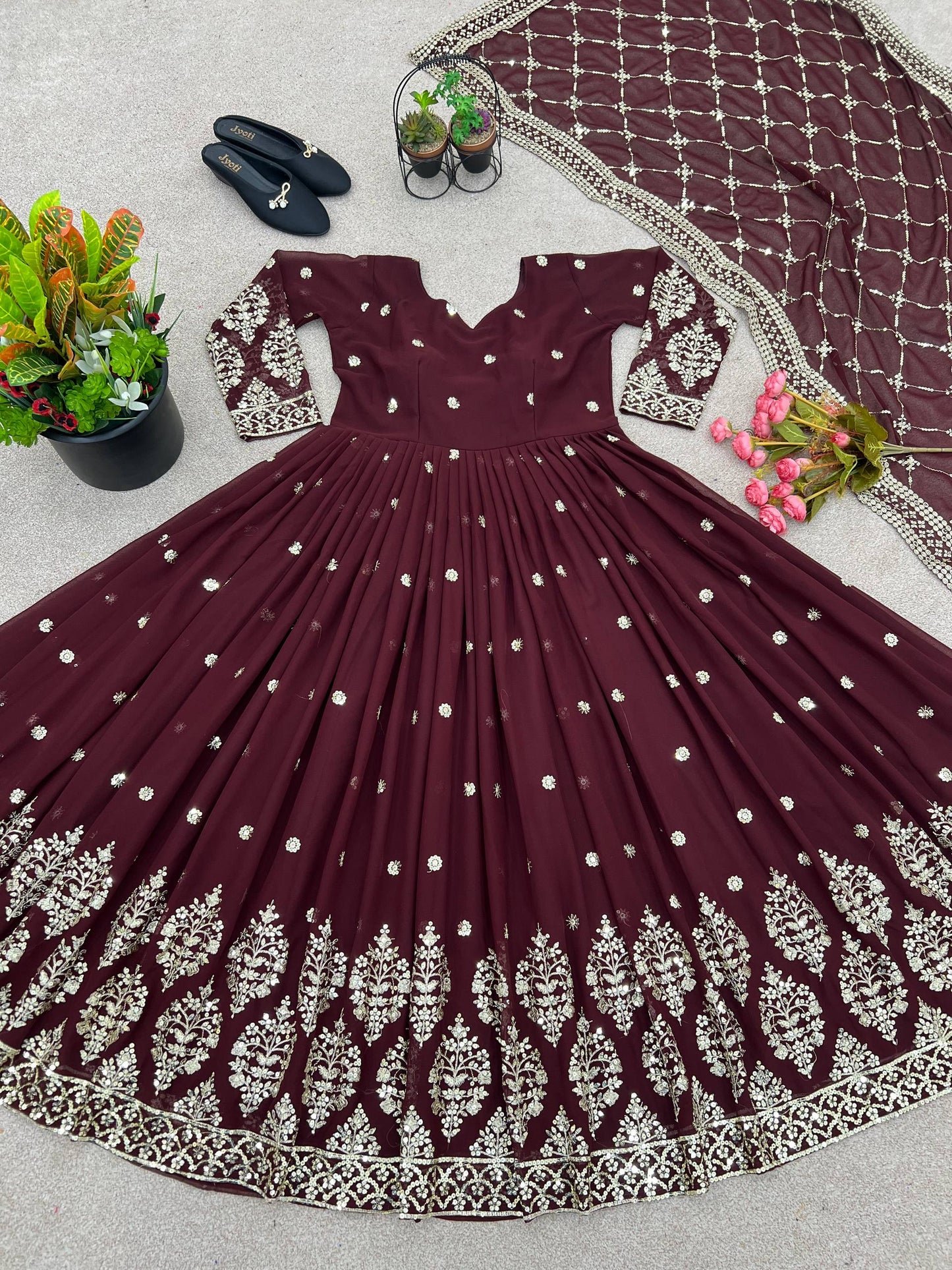Maroon faux georgette embroidery sequence work gown-bottom dupatta set