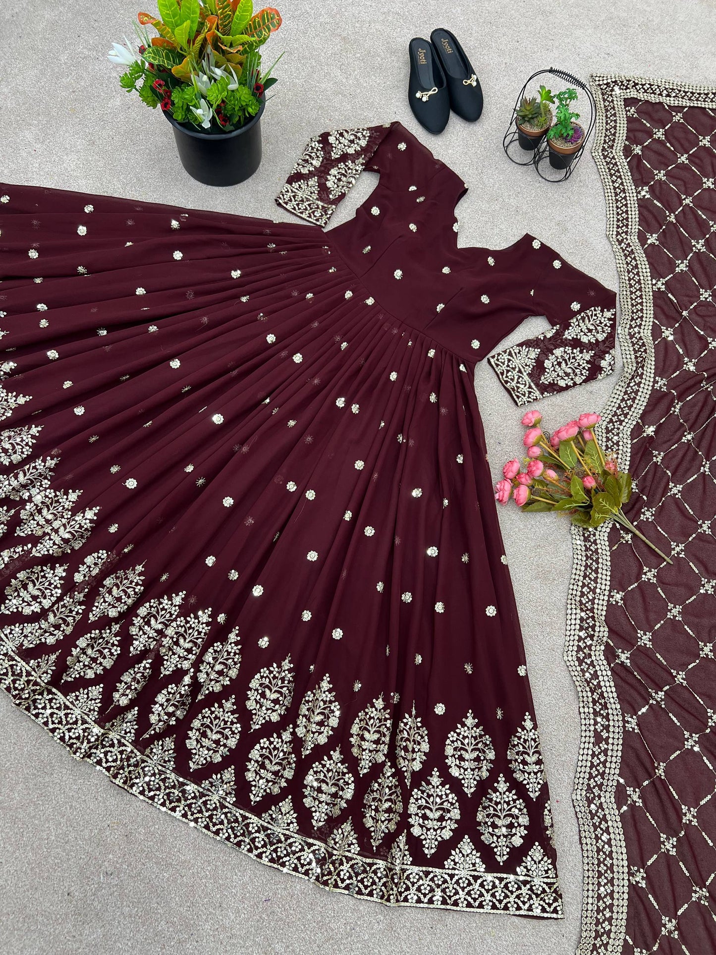Maroon faux georgette embroidery sequence work gown-bottom dupatta set