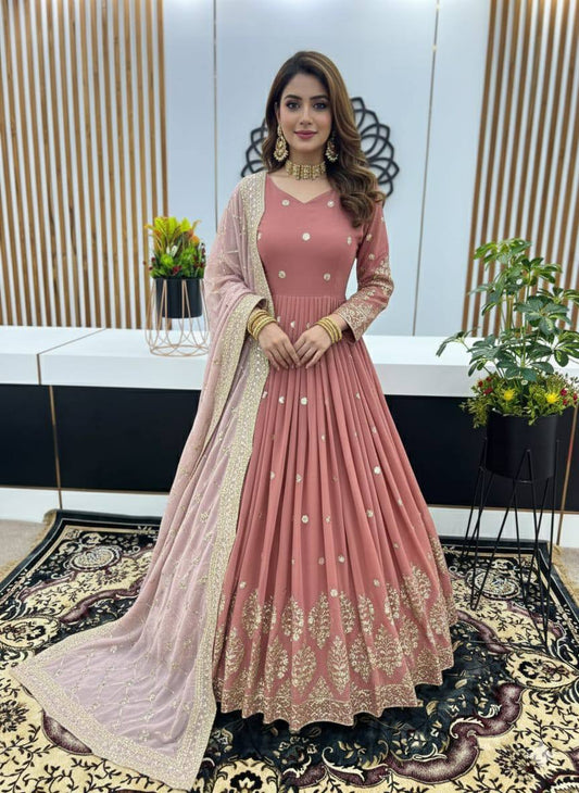 Rose gold faux georgette embroidery sequence work top-bottom and dupatta