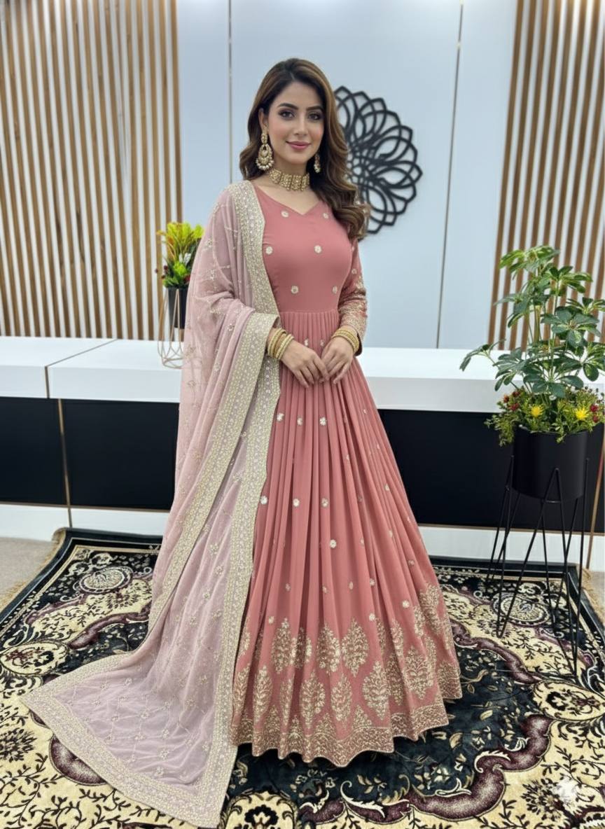 Rose gold faux georgette embroidery sequence work top-bottom and dupatta