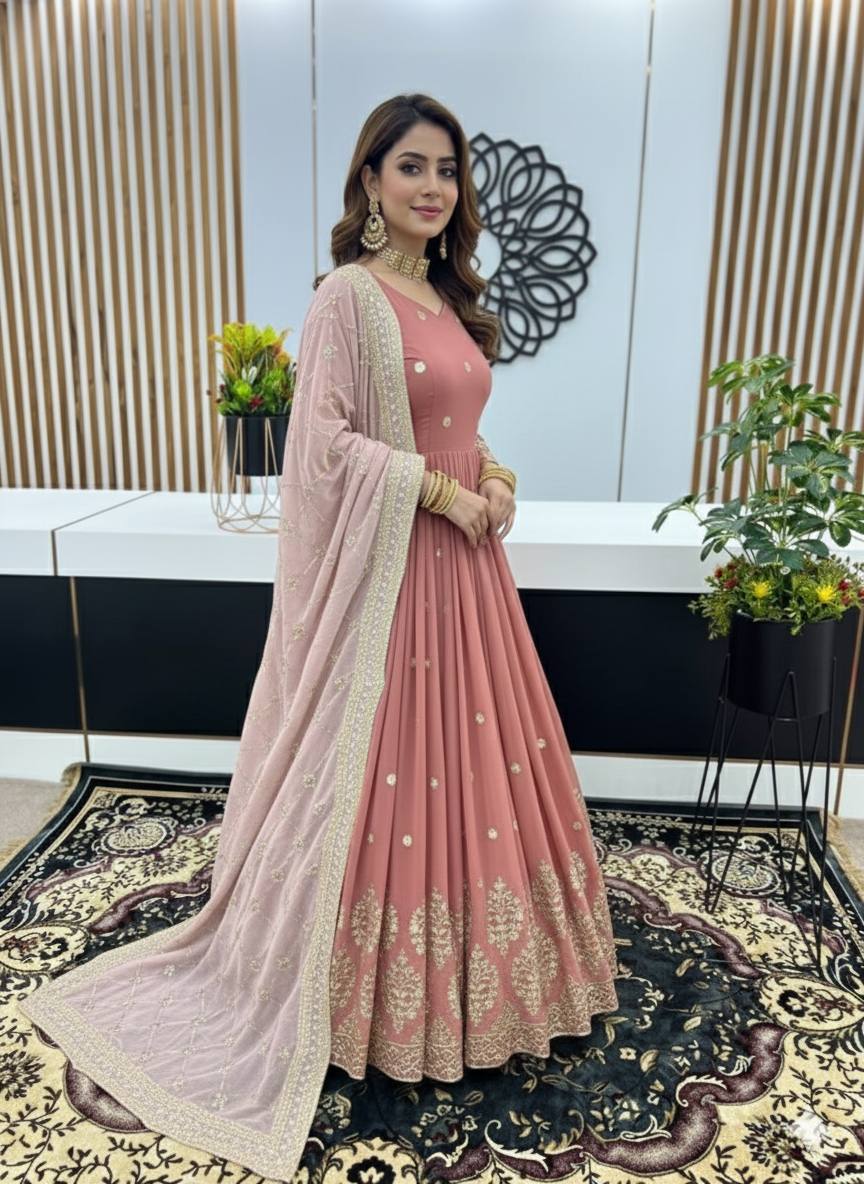 Rose gold faux georgette embroidery sequence work top-bottom and dupatta