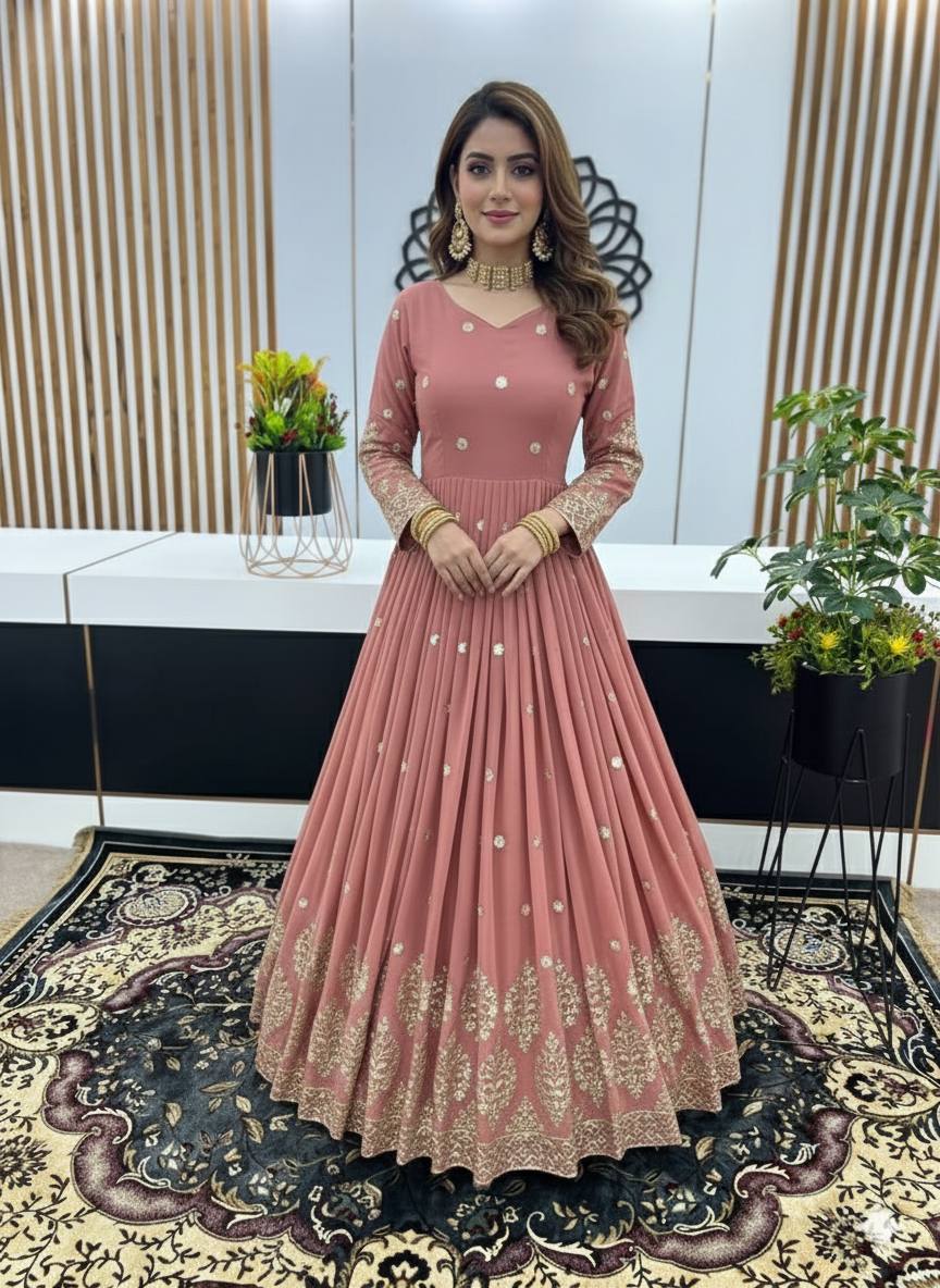 Rose gold faux georgette embroidery sequence work top-bottom and dupatta