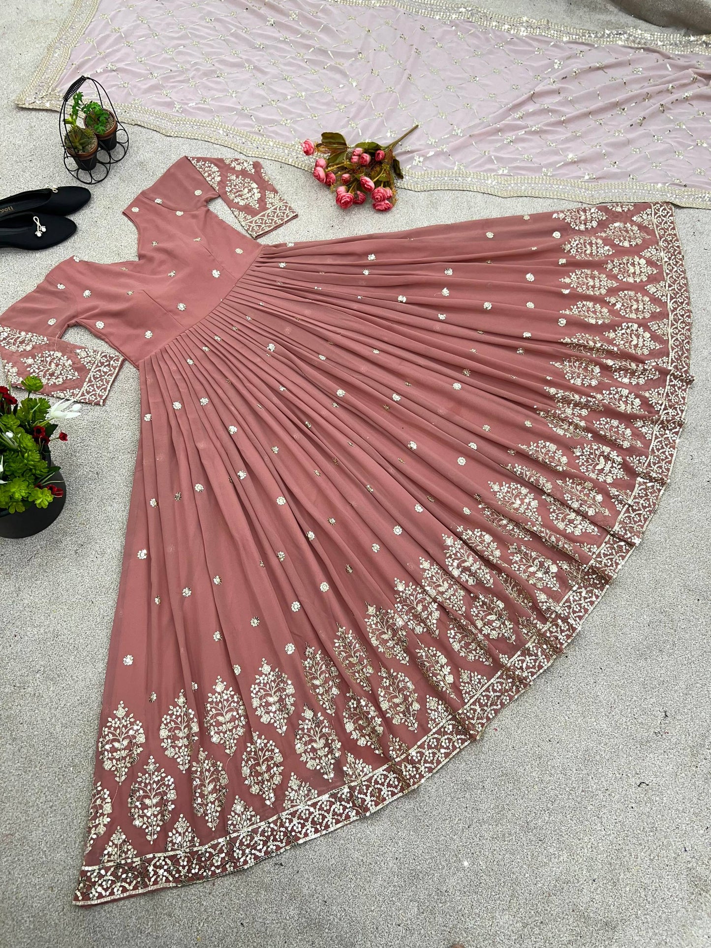 Rose gold faux georgette embroidery sequence work top-bottom and dupatta
