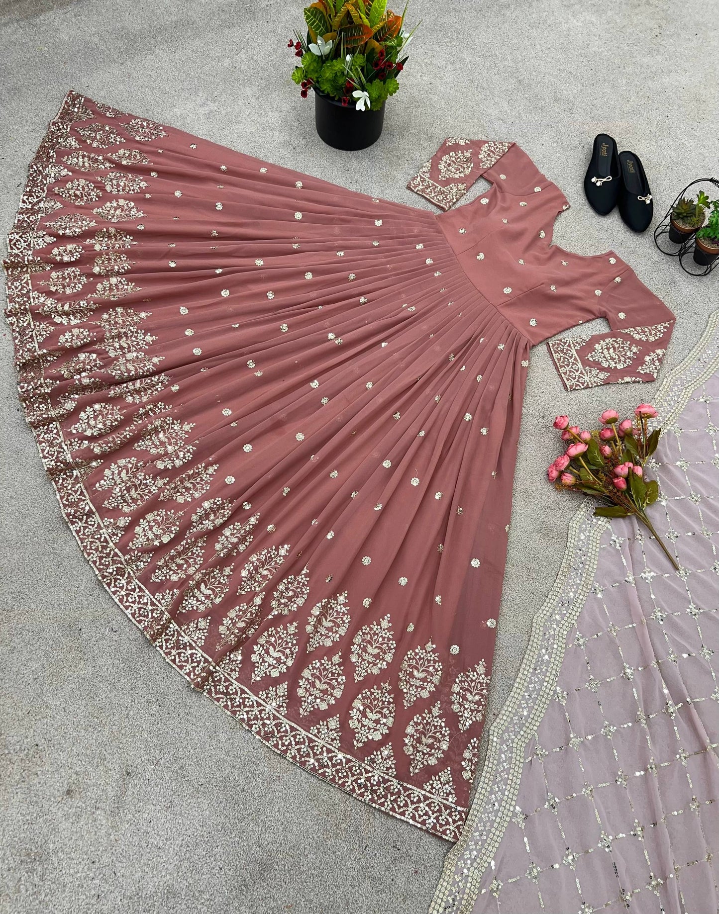 Rose gold faux georgette embroidery sequence work top-bottom and dupatta