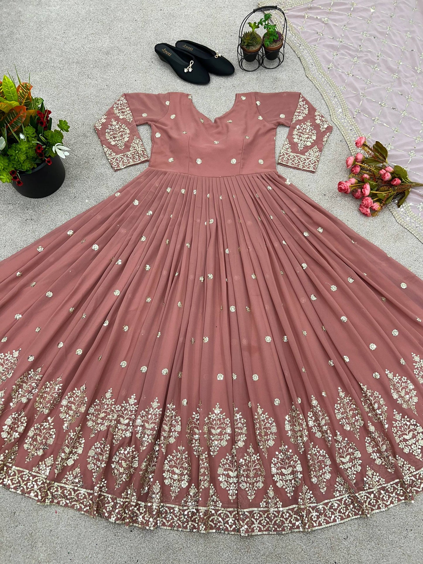 Rose gold faux georgette embroidery sequence work top-bottom and dupatta