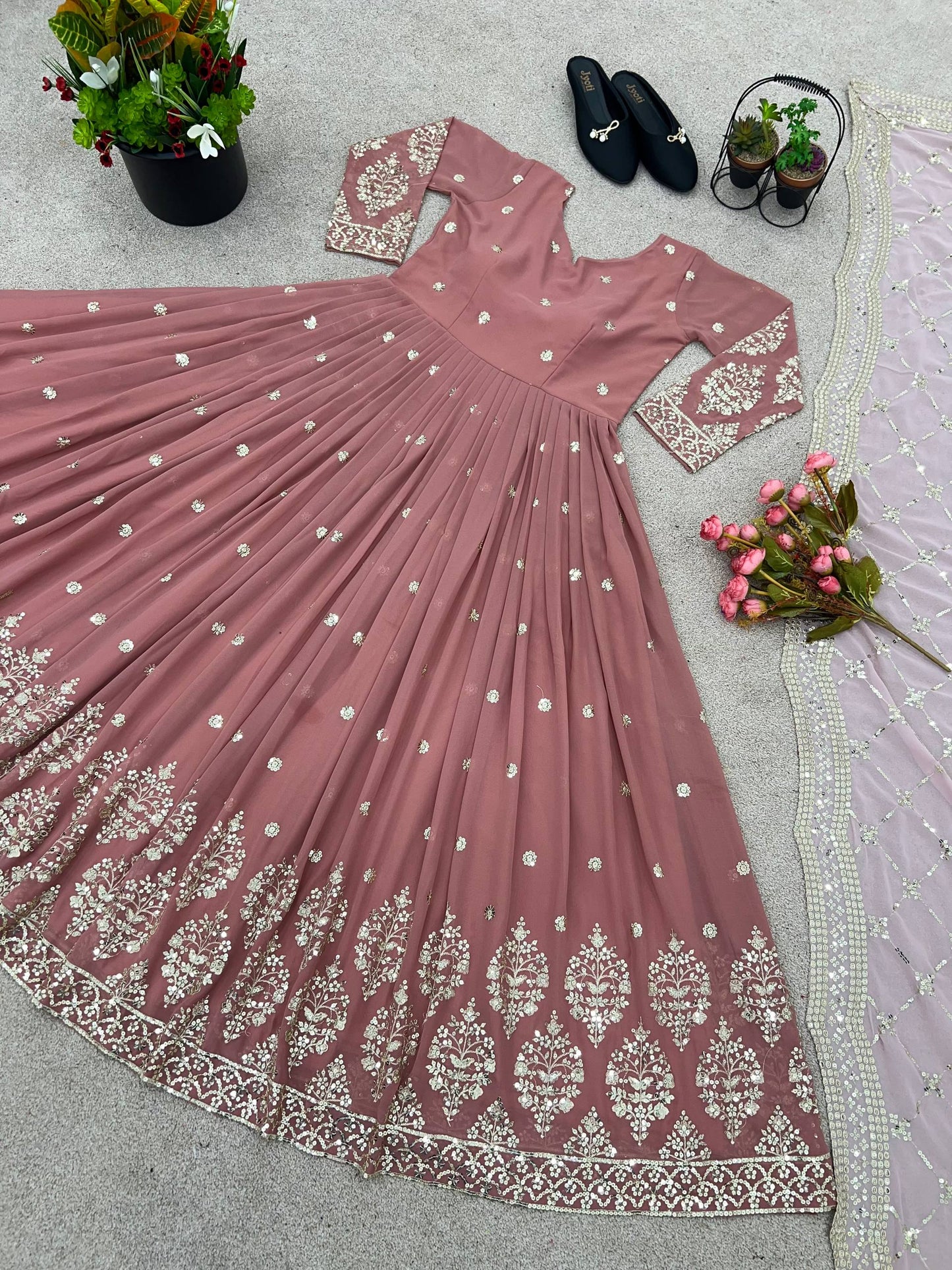 Rose gold faux georgette embroidery sequence work top-bottom and dupatta