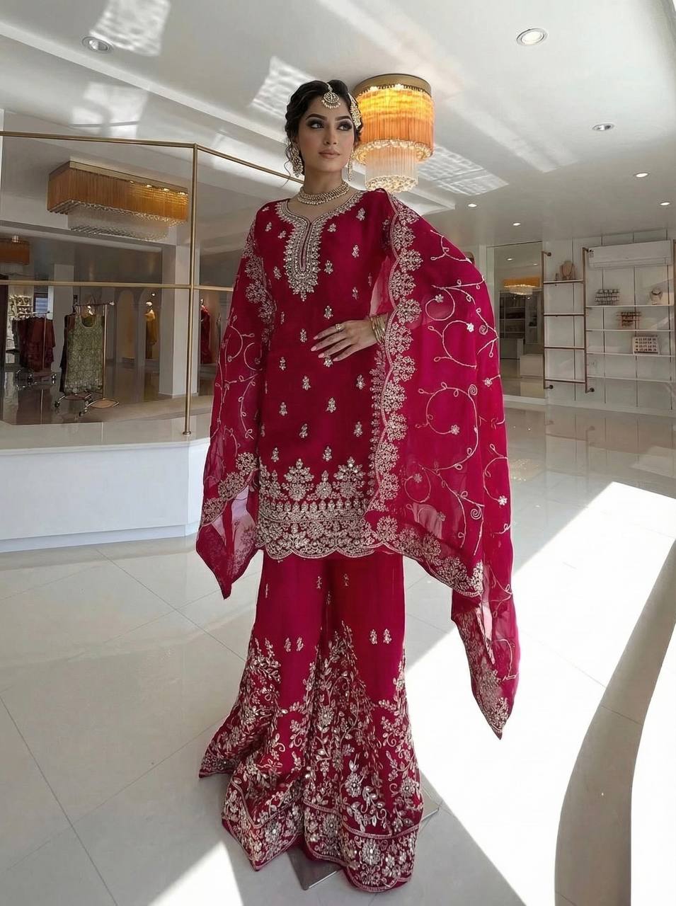 Rani pure gmy silk with heavy embroidery sequence work top-palazzo and dupatta