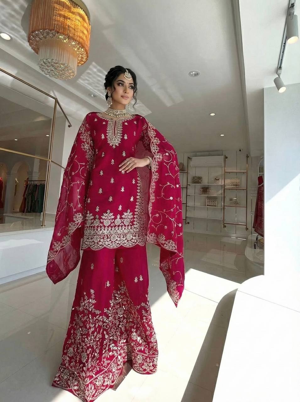Rani pure gmy silk with heavy embroidery sequence work top-palazzo and dupatta
