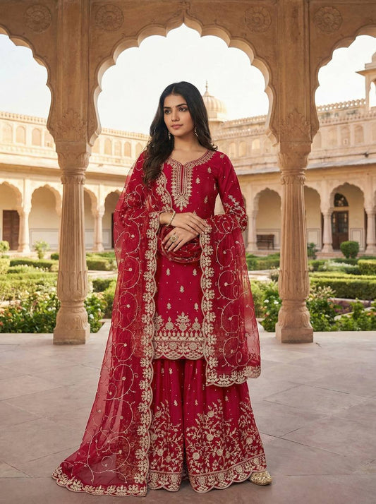 Rani pure gmy silk with heavy embroidery sequence work top-palazzo and dupatta