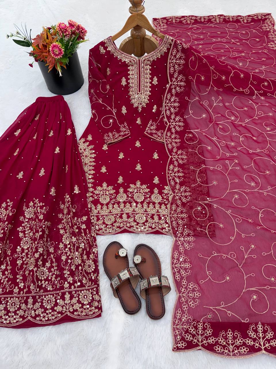 Rani pure gmy silk with heavy embroidery sequence work top-palazzo and dupatta