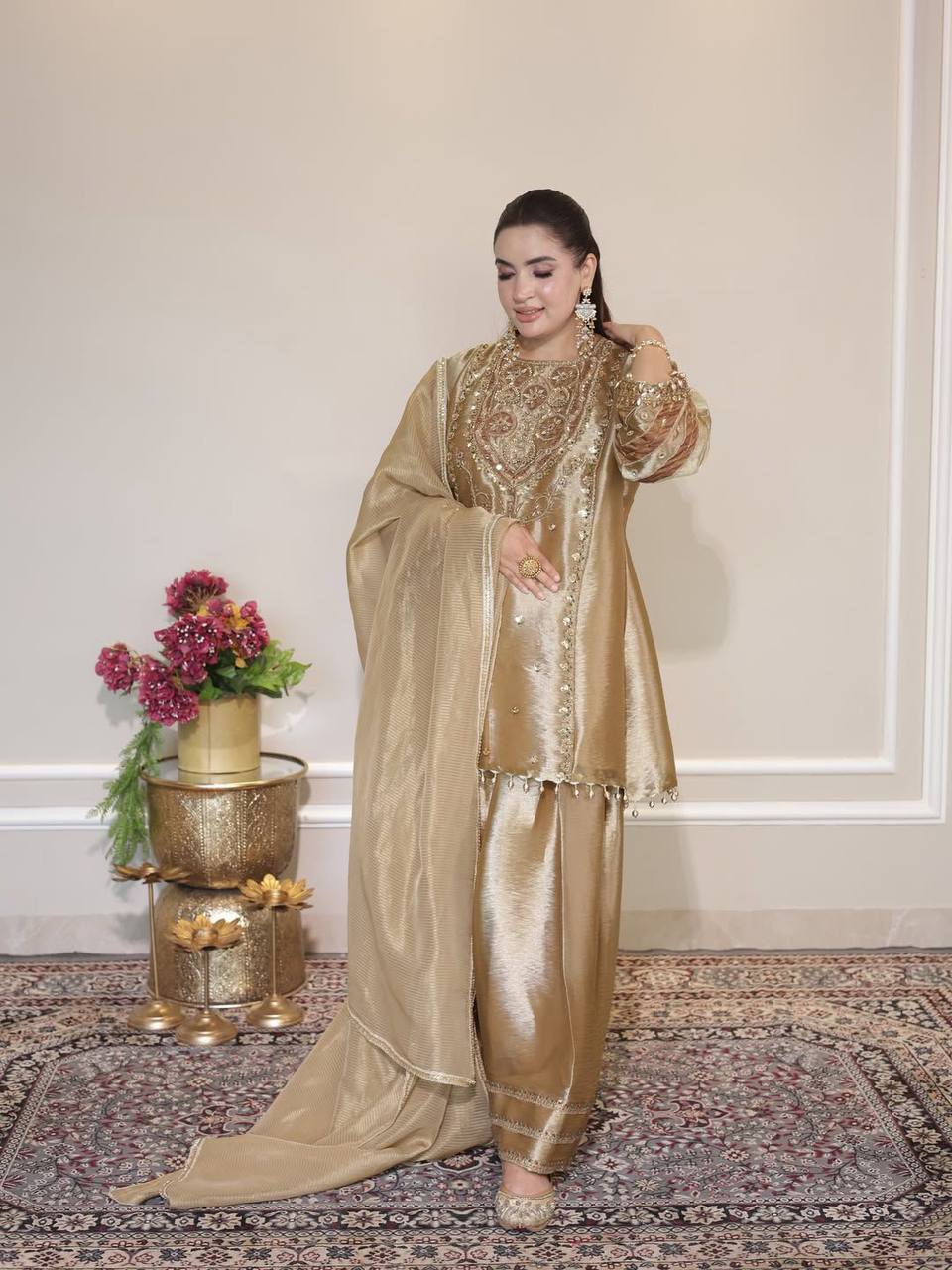 Beige fendy sequence embroidery work top-shalwar and dupatta set