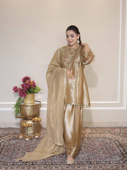 Beige fendy sequence embroidery work top-shalwar and dupatta set