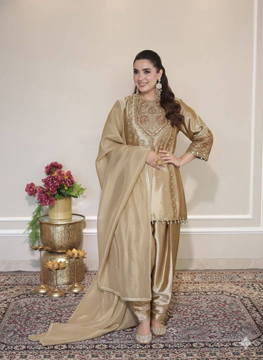 Beige fendy sequence embroidery work top-shalwar and dupatta set
