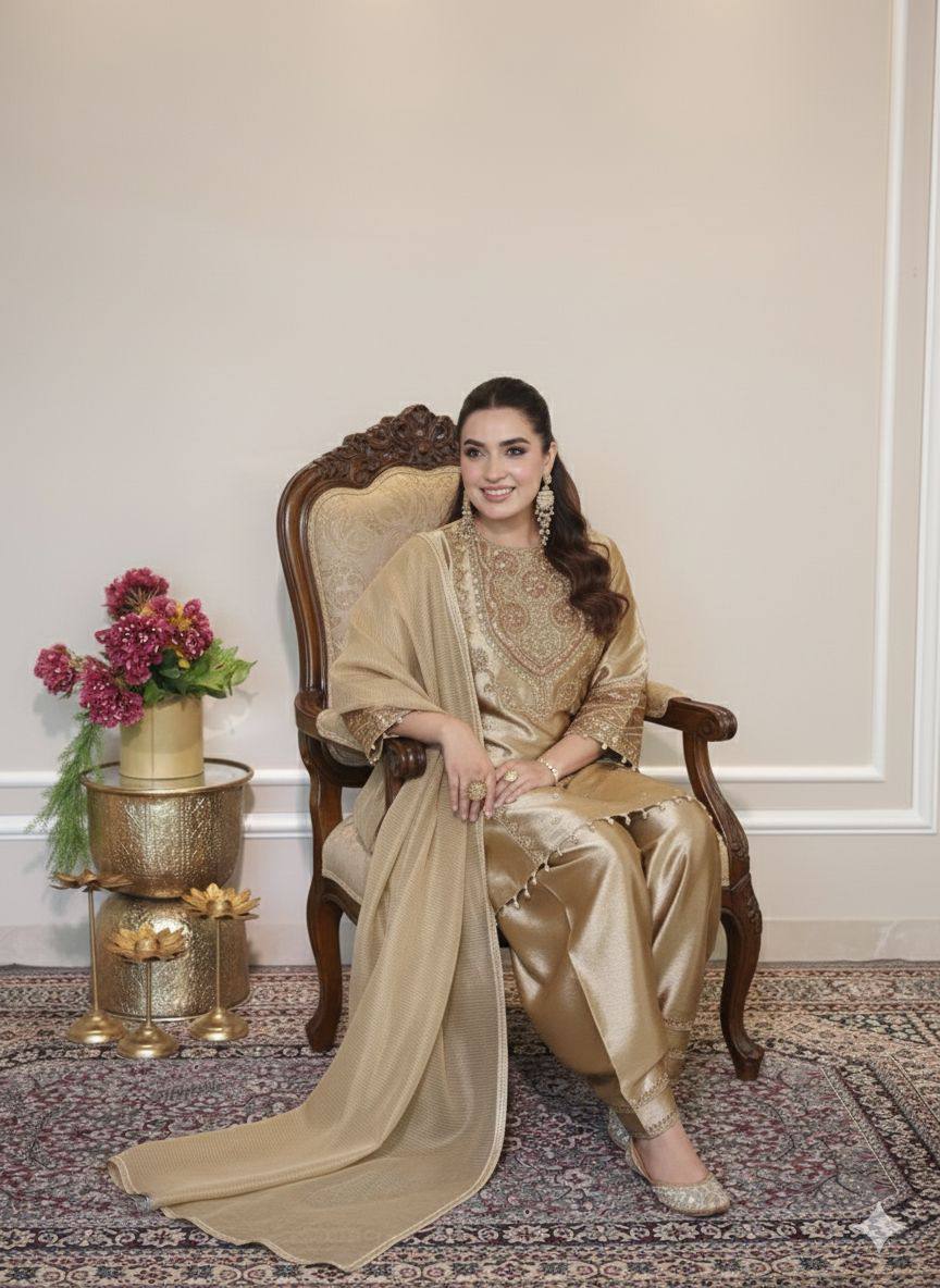 Beige fendy sequence embroidery work top-shalwar and dupatta set