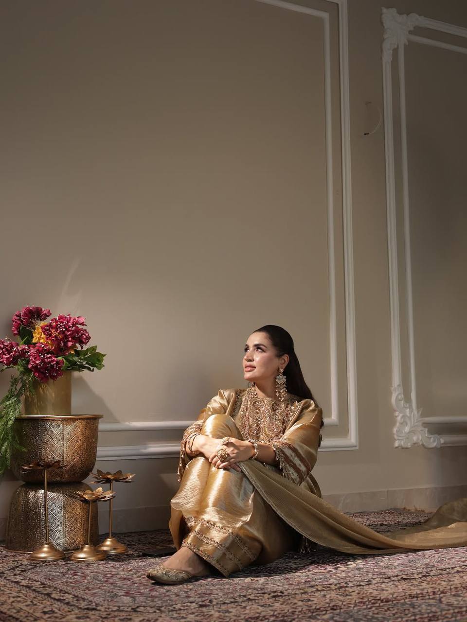 Beige fendy sequence embroidery work top-shalwar and dupatta set