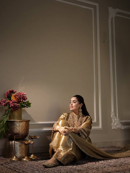 Beige fendy sequence embroidery work top-shalwar and dupatta set