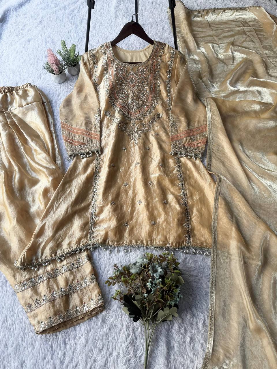 Beige fendy sequence embroidery work top-shalwar and dupatta set