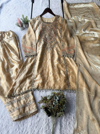 Beige fendy sequence embroidery work top-shalwar and dupatta set