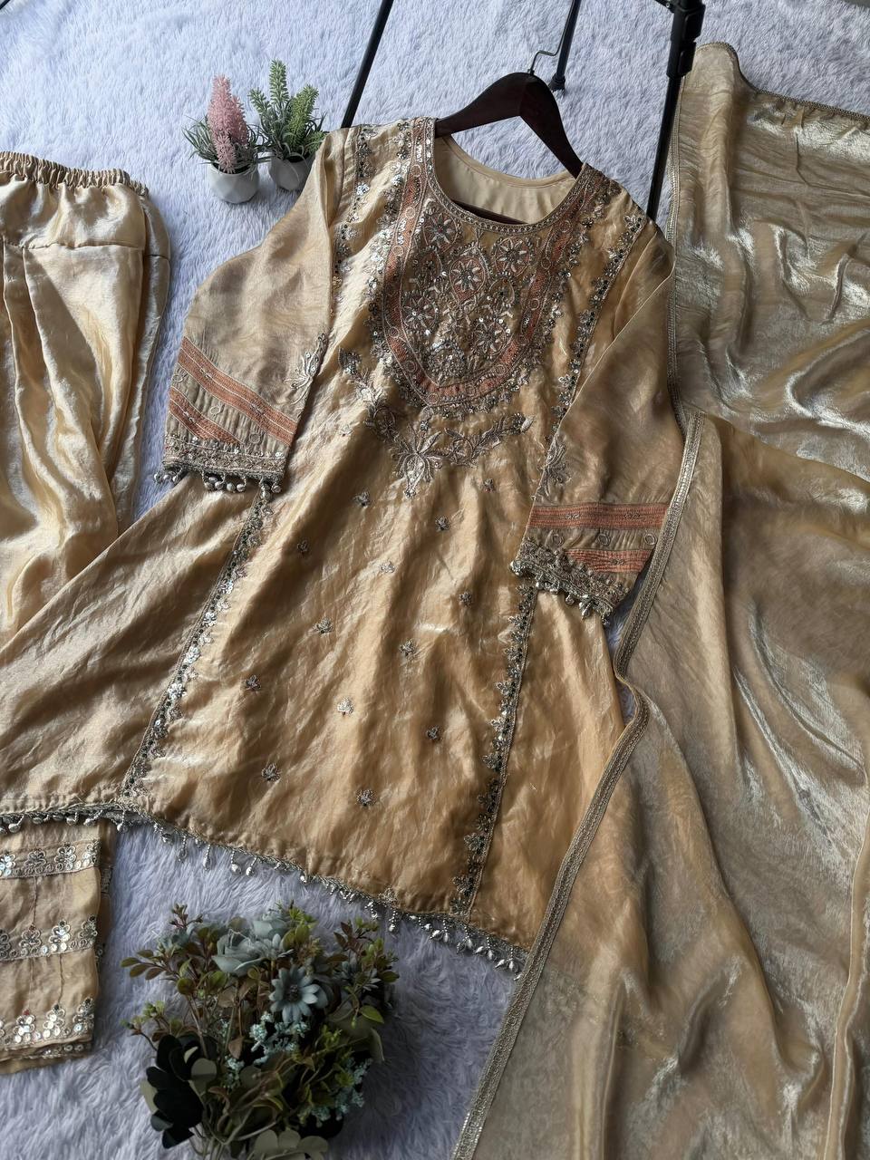 Beige fendy sequence embroidery work top-shalwar and dupatta set