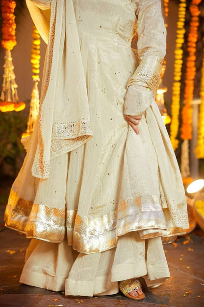 Cream chinnon silk muktesh works gown palazzo and dupatta set