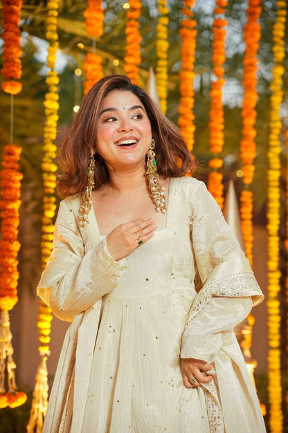 Cream chinnon silk muktesh works gown palazzo and dupatta set