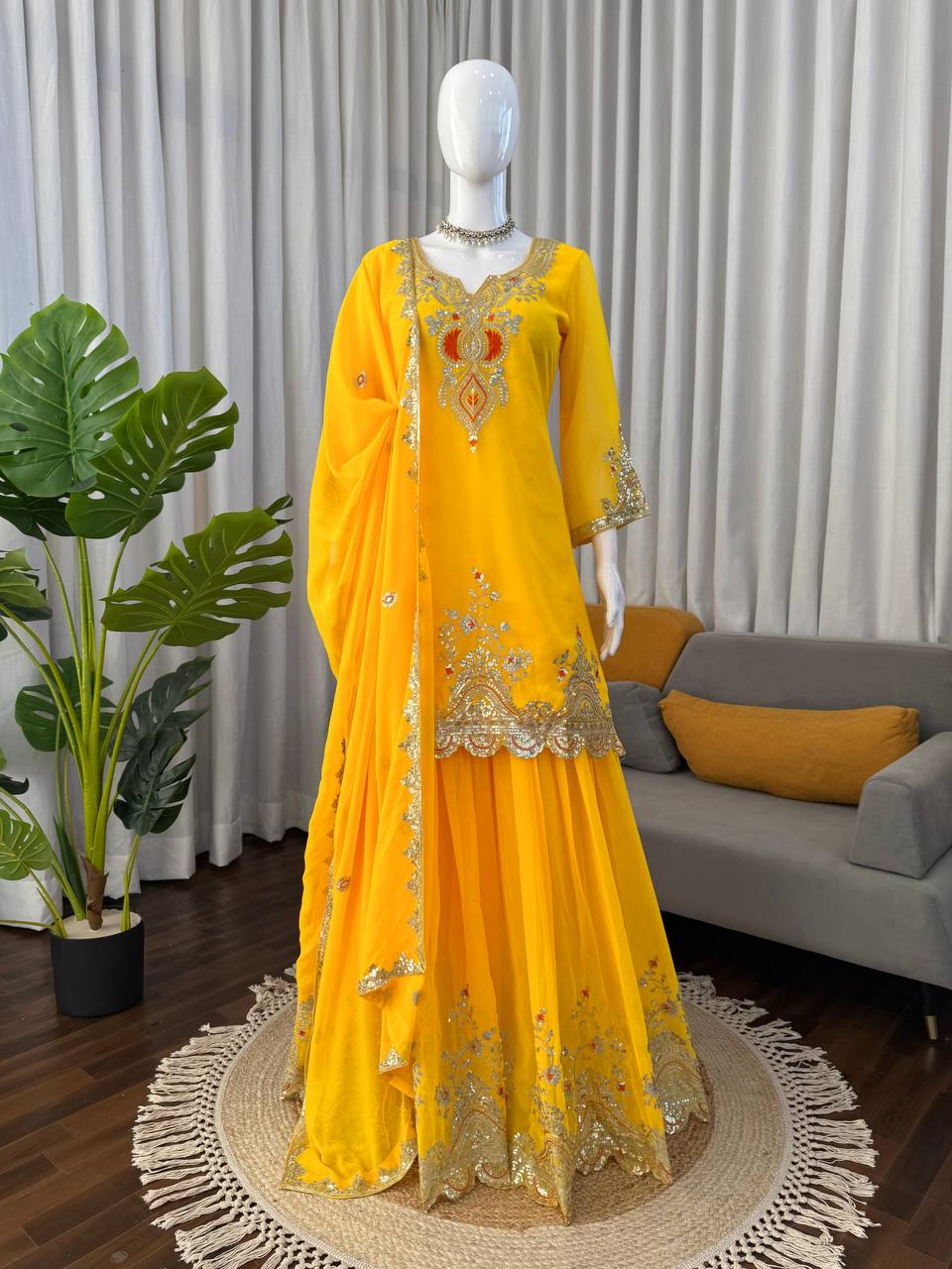 Yellow faux georgette thread & sequence work top-sharara and dupatta set