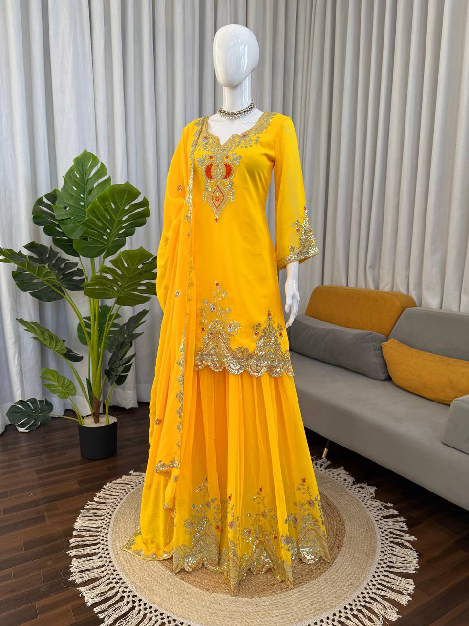 Yellow faux georgette thread & sequence work top-sharara and dupatta set