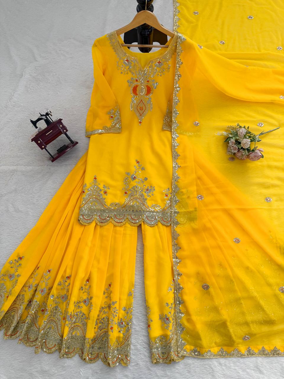 Yellow faux georgette thread & sequence work top-sharara and dupatta set