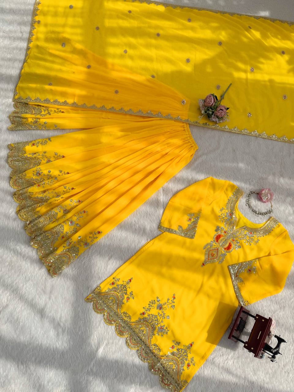 Yellow faux georgette thread & sequence work top-sharara and dupatta set