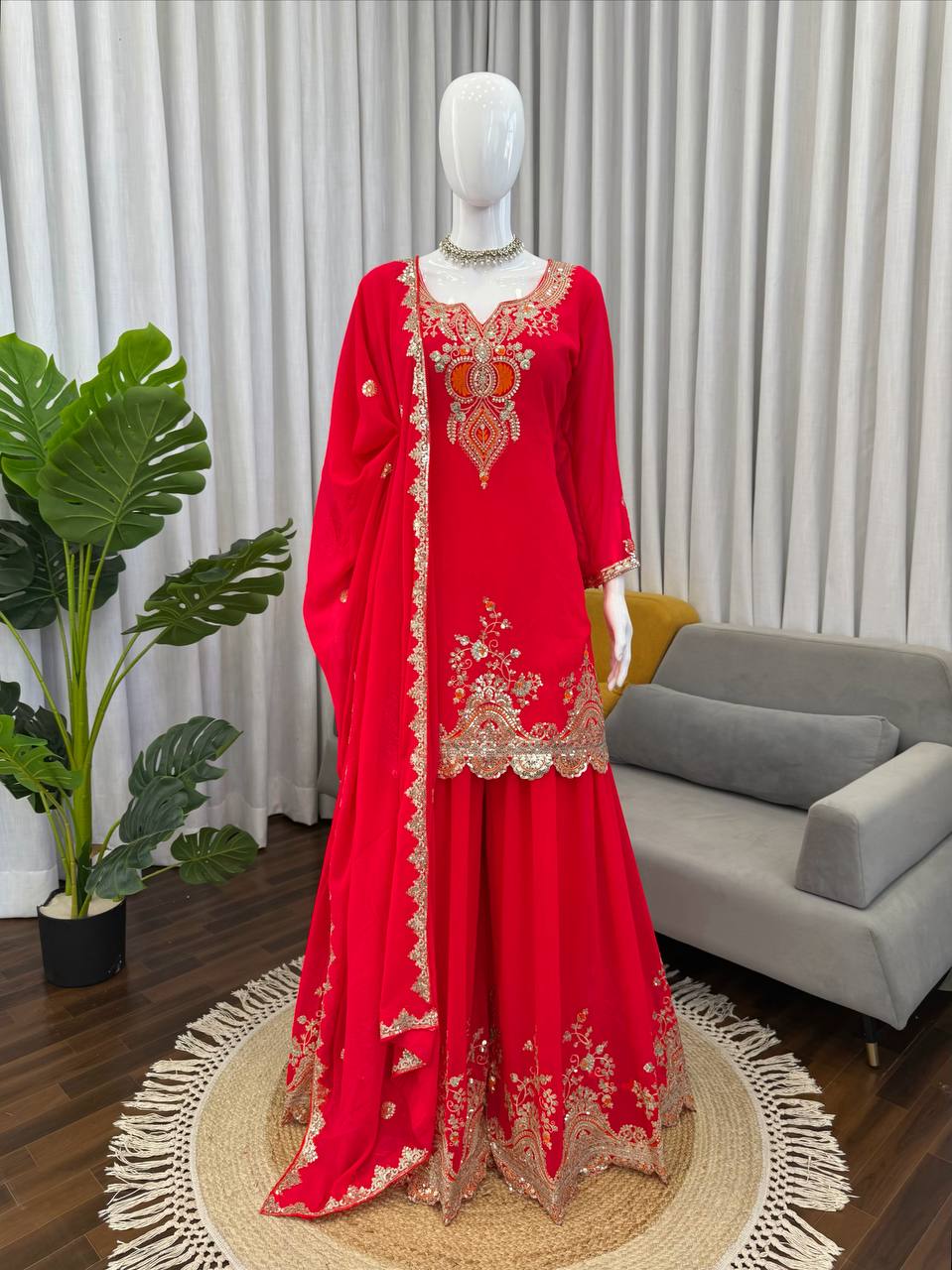Red faux georgette thread & sequence work top-sharara and dupatta set