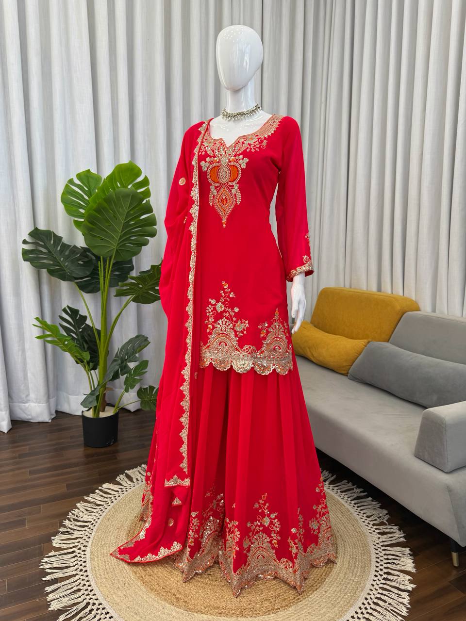 Red faux georgette thread & sequence work top-sharara and dupatta set