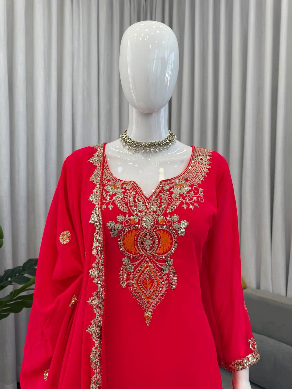 Red faux georgette thread & sequence work top-sharara and dupatta set