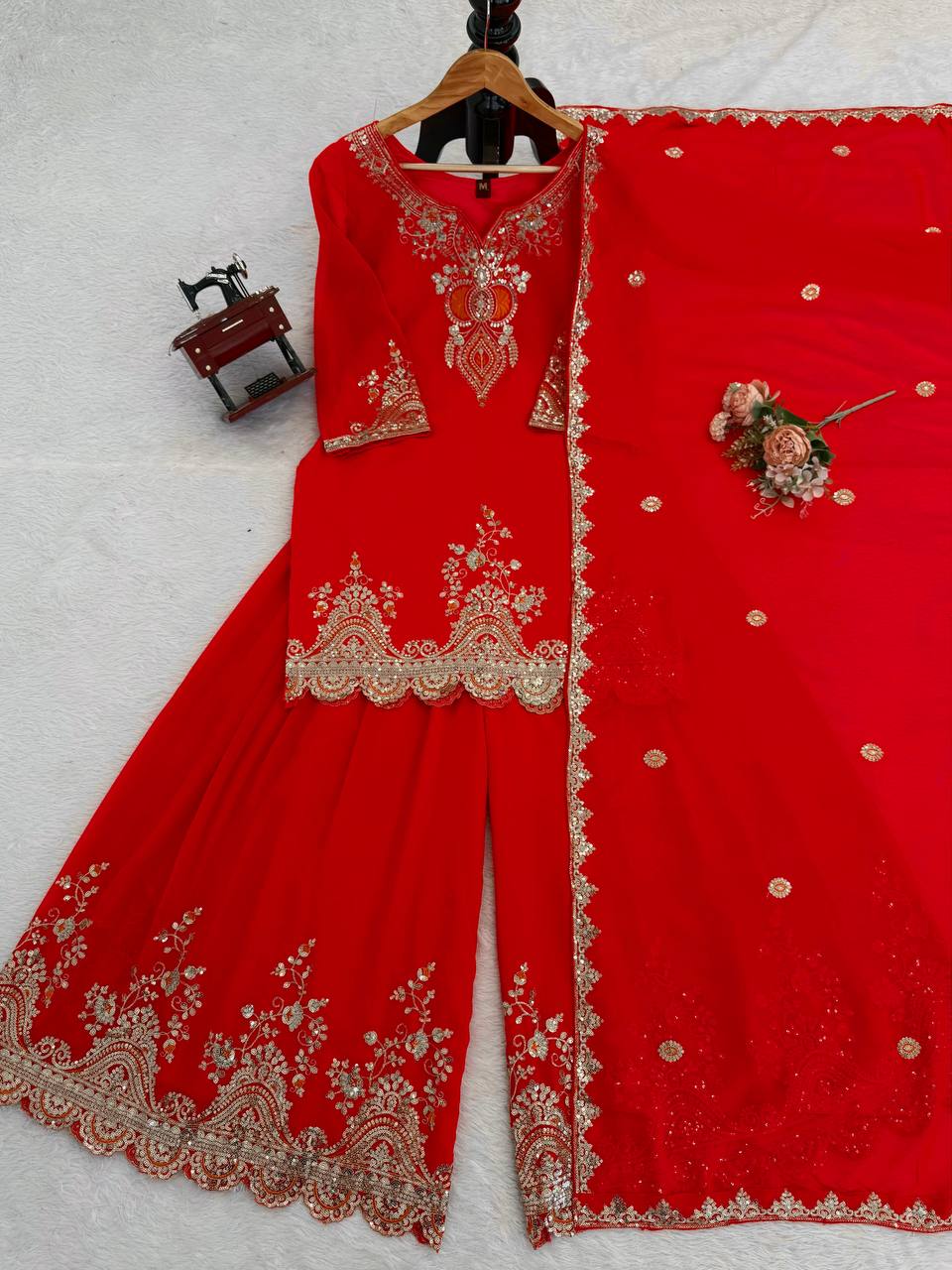 Red faux georgette thread & sequence work top-sharara and dupatta set