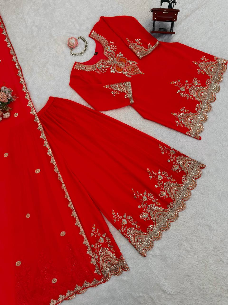 Red faux georgette thread & sequence work top-sharara and dupatta set