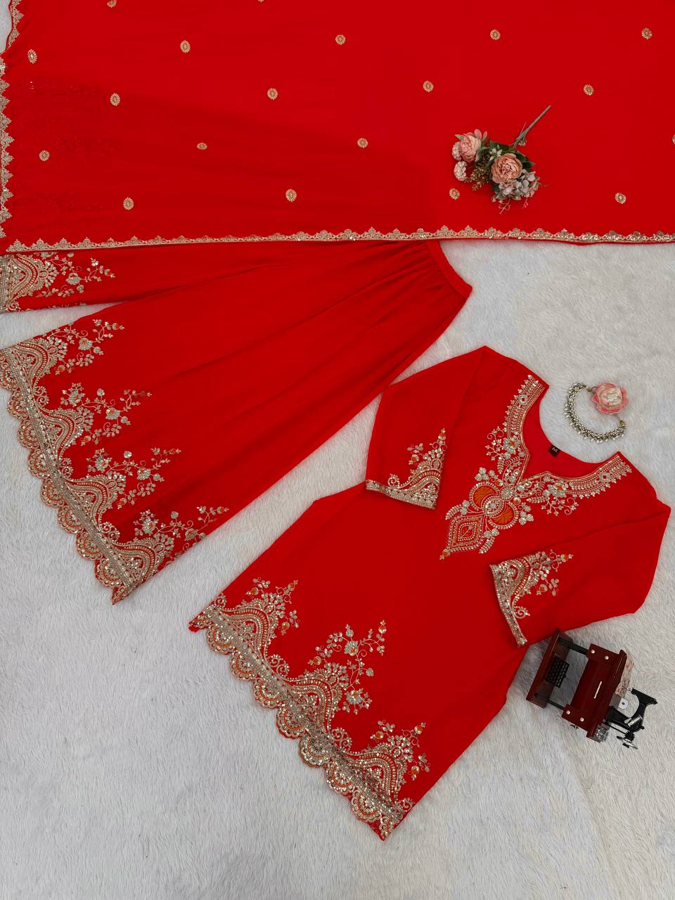 Red faux georgette thread & sequence work top-sharara and dupatta set
