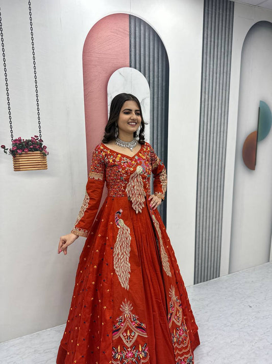 Orange vichitra embroidery thread sequence work top-lehenga set