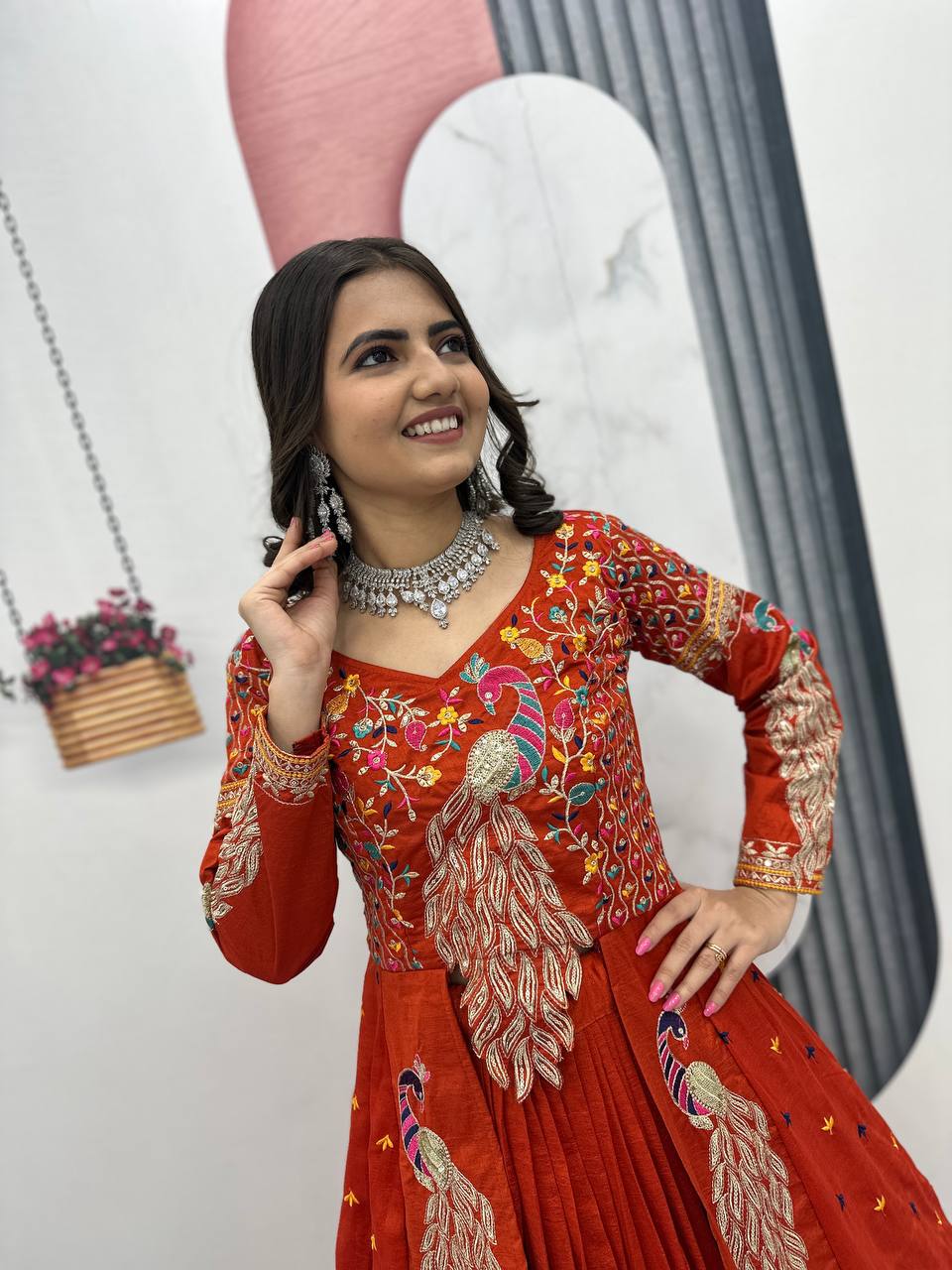 Orange vichitra embroidery thread sequence work top-lehenga set