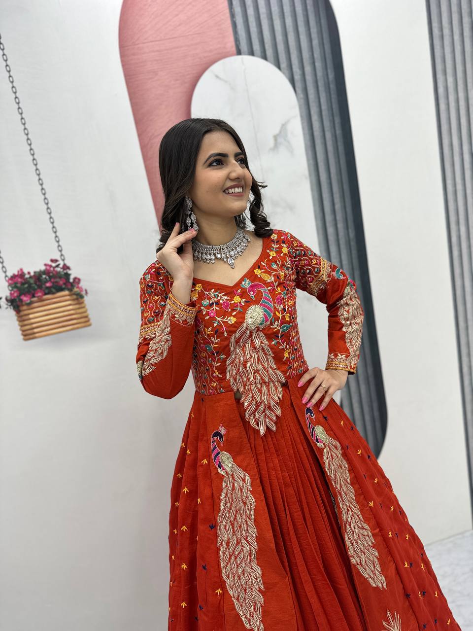 Orange vichitra embroidery thread sequence work top-lehenga set