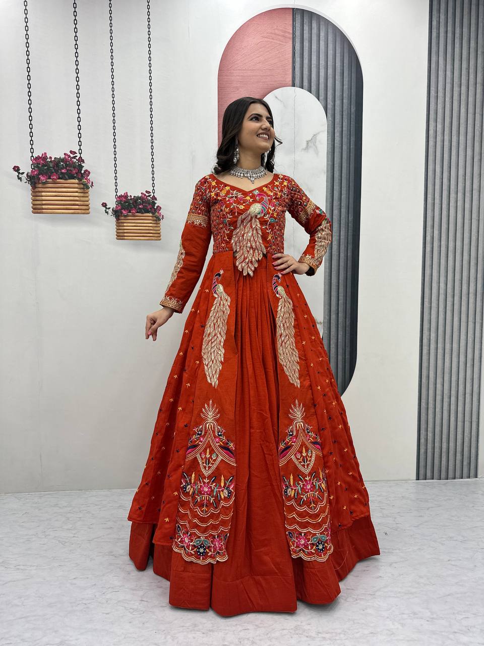 Orange vichitra embroidery thread sequence work top-lehenga set