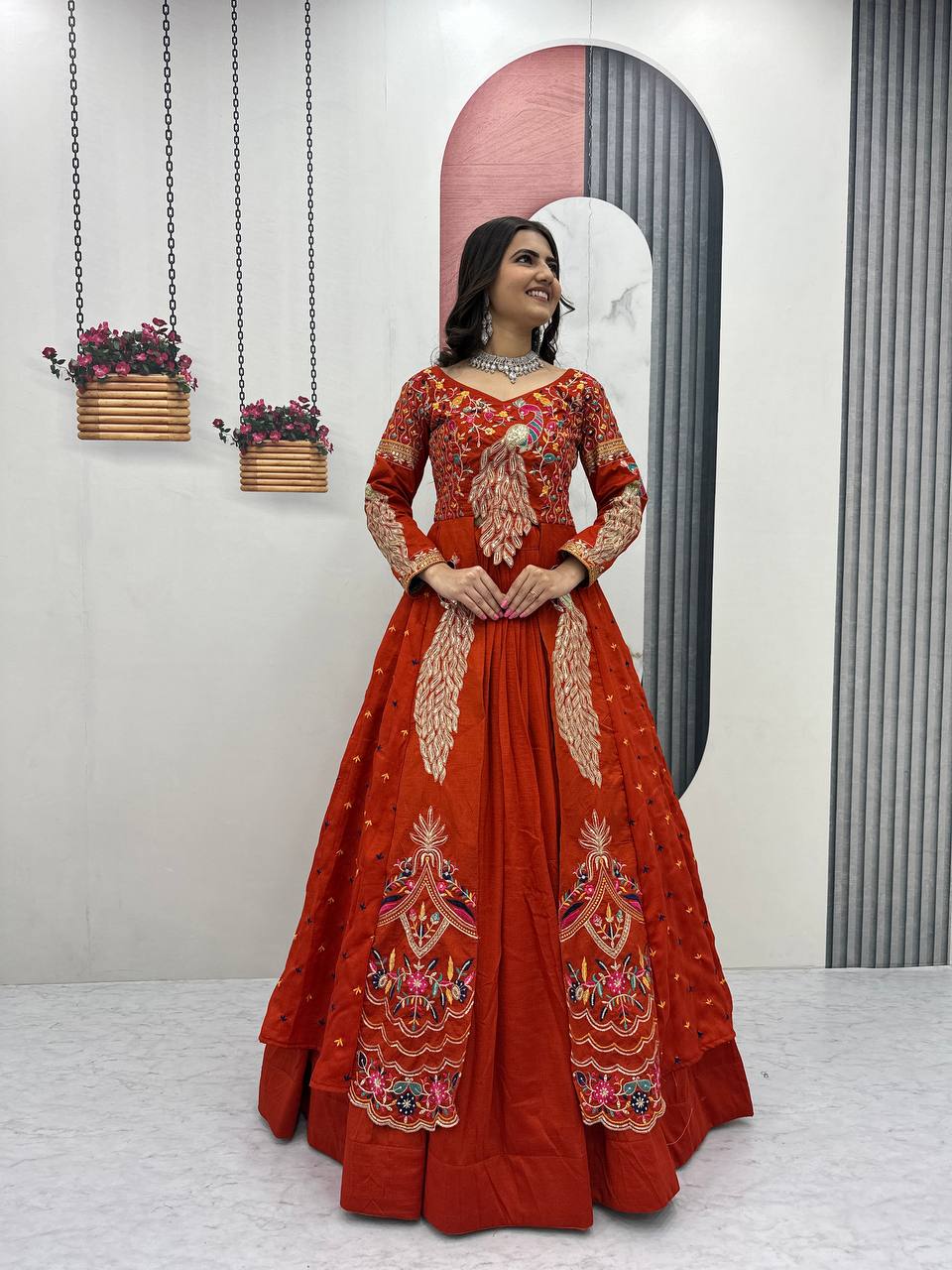 Orange vichitra embroidery thread sequence work top-lehenga set